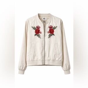 BB Dakota Floral Embroidered Bomber Jacket Cream Zip Up L